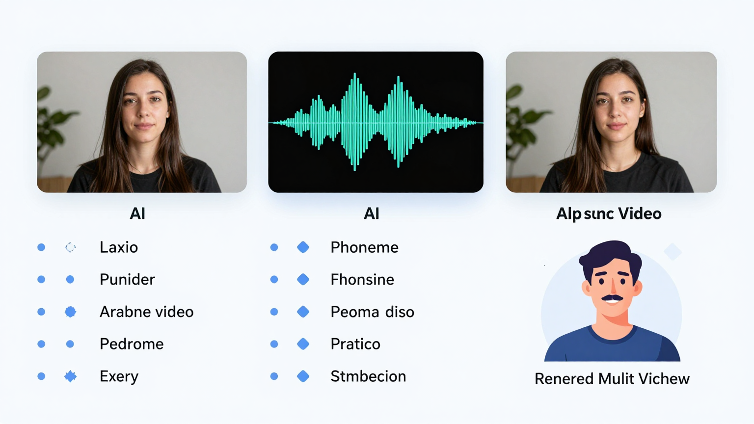 AI lip sync workflow showing video, audio, phoneme analysis, and rendered output
