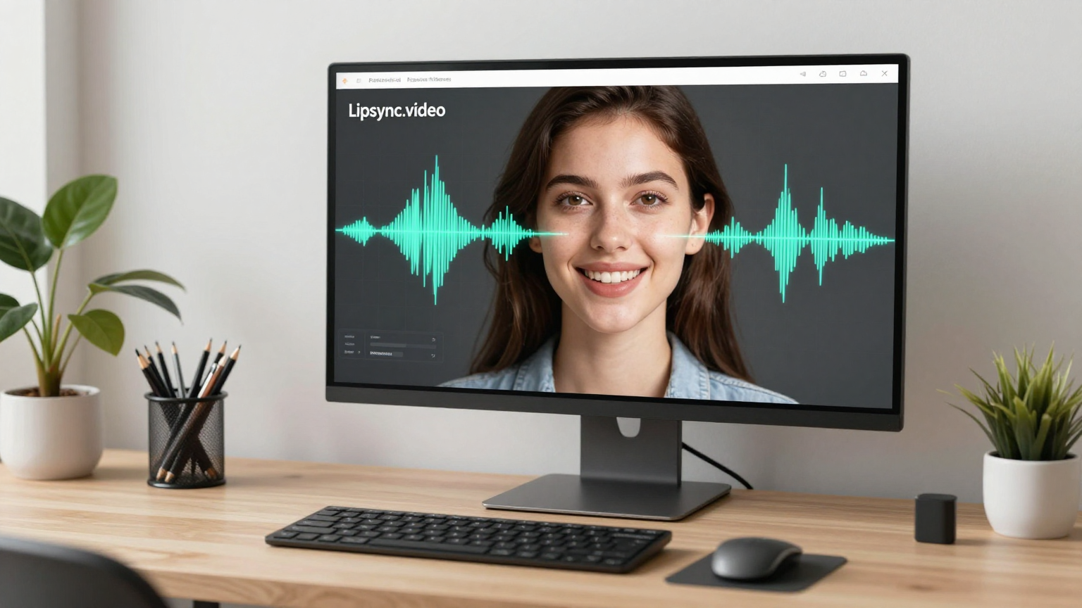 Professional creator workspace showing lipsync.video AI technology