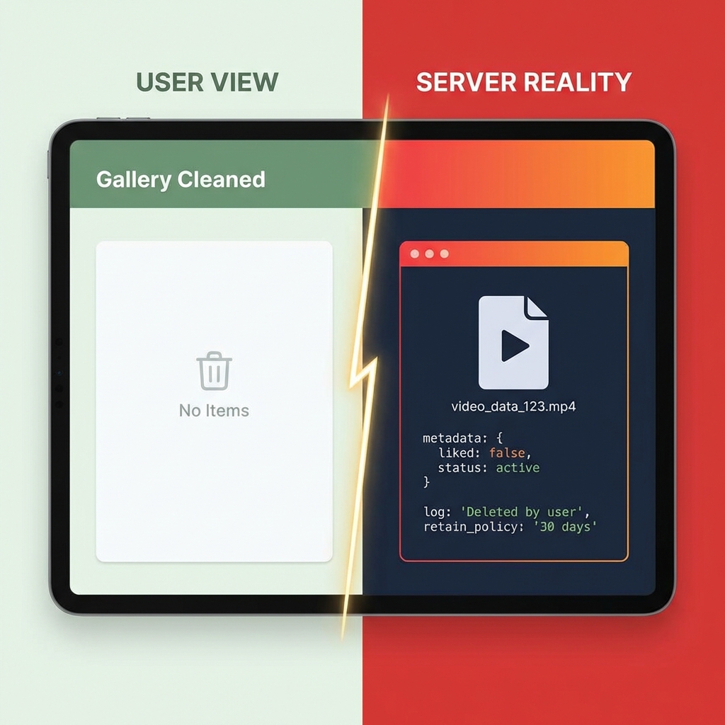 A split-screen comparison. On the left (User View), a file is gone after clicking "Unlike." On the right (Server View), the file is still sitting in the database with a "Liked: False" tag.