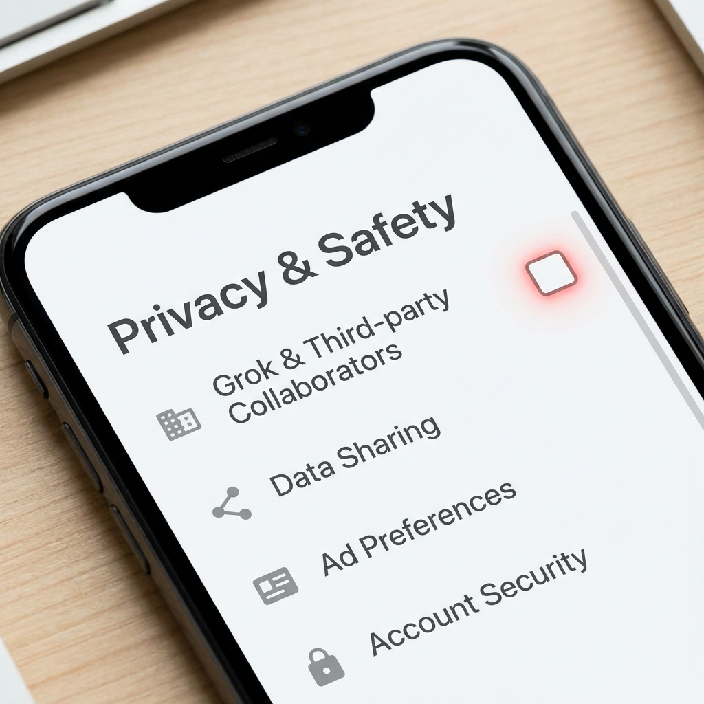 A screenshot of the X (Twitter) Settings menu, highlighting the "Privacy & Safety" > "Grok & Third-party Collaborators" section with a red arrow pointing to the "Uncheck" box.