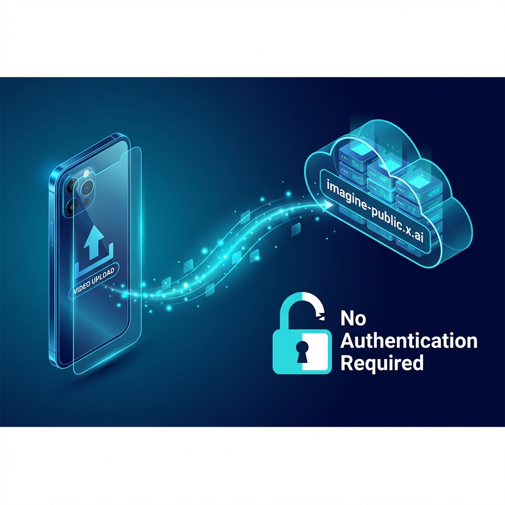 A diagram showing a user's phone uploading a video to a cloud server labeled "imagine-public.x.ai," with an open padlock icon indicating "No Authentication Required."